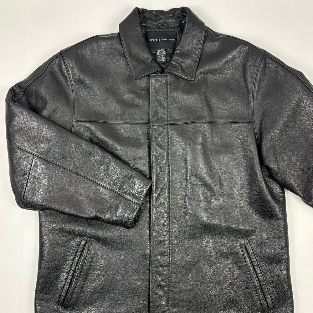 VTG Croft & Barrow Leather Car Coat L Black Quilted Zip Snap Front Pebbled Grain